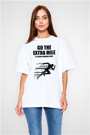 Maraton Baskılı Unisex Beyaz Oversize Tişört - Tshirt