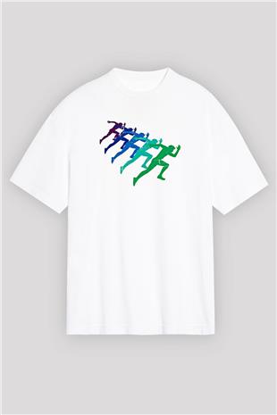 Maraton Baskılı Unisex Beyaz Oversize Tişört - Tshirt