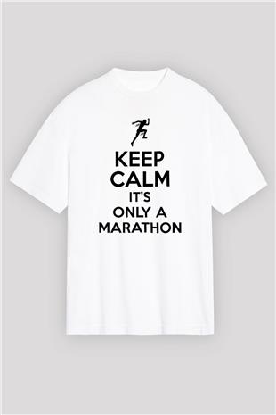 Maraton Baskılı Unisex Beyaz Oversize Tişört - Tshirt