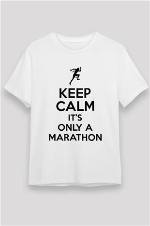 Maraton Baskılı Unisex Beyaz Tişört - Tshirt