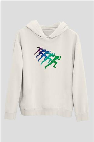 Maraton Baskılı Unisex Ekru Hoodie