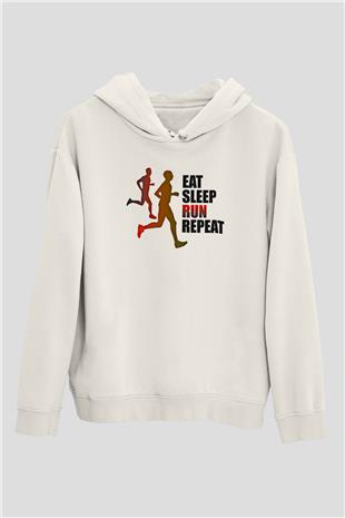 Maraton Baskılı Unisex Ekru Hoodie
