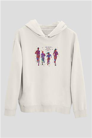 Maraton Baskılı Unisex Ekru Hoodie