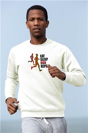 Maraton Baskılı Unisex Ekru Sweatshirt