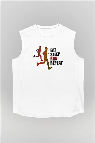 Maraton Baskılı Unisex Kolsuz Beyaz Tişört