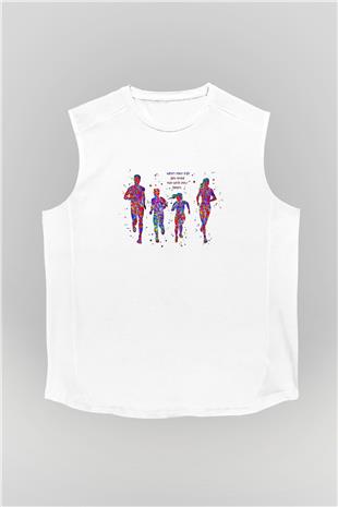 Maraton Baskılı Unisex Kolsuz Beyaz Tişört