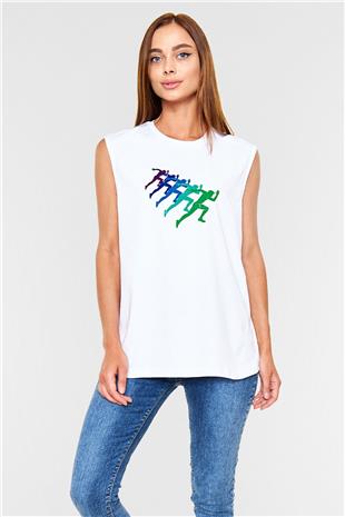 Maraton Baskılı Unisex Kolsuz Beyaz Tişört