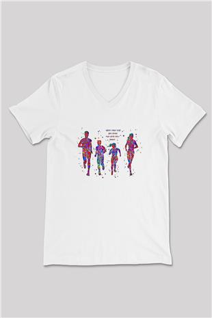 Maraton Baskılı Unisex V Yaka Tişört - Tshirt