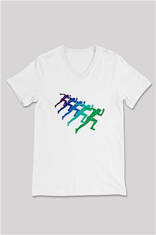 Maraton Baskılı Unisex V Yaka Tişört - Tshirt