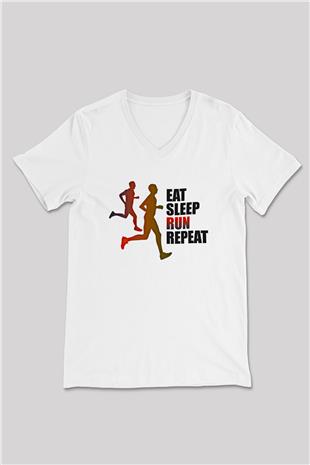 Maraton Baskılı Unisex V Yaka Tişört - Tshirt