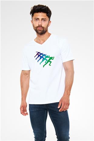 Maraton Baskılı Unisex V Yaka Tişört - Tshirt