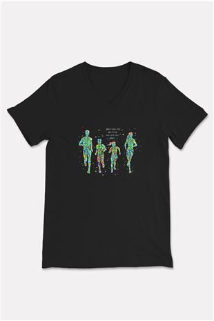 Maraton - Marathon Baskılı Unisex Siyah V Yaka Tişört