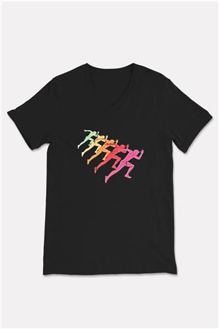 Maraton - Marathon Baskılı Unisex Siyah V Yaka Tişört
