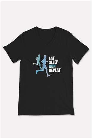 Maraton - Marathon Baskılı Unisex Siyah V Yaka Tişört