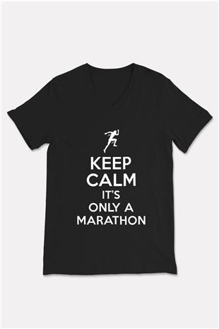 Maraton - Marathon Baskılı Unisex Siyah V Yaka Tişört