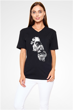 Marcus Aurelius Baskılı Unisex Siyah  V Yaka Tişört