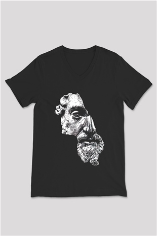 Marcus Aurelius Baskılı Unisex Siyah  V Yaka Tişört