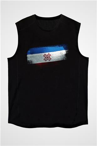 Mari El Bayrağı Baskılı Unisex Siyah Kolsuz Tişört