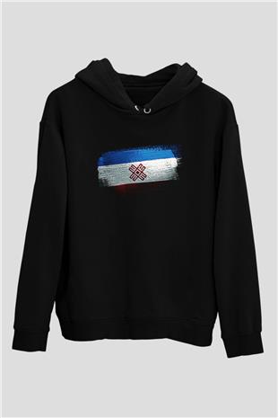 Mari El Bayrağı Baskılı Unisex Siyah Kapüşonlu Sweatshirt