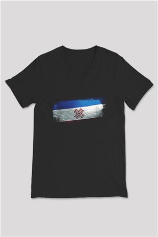 Mari El Bayrağı Baskılı Unisex Siyah V Yaka Tişört