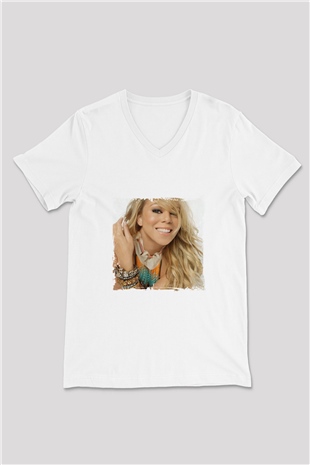 Mariah Carey Baskılı Beyaz V Yaka Unisex Tişört