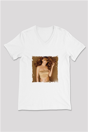 Mariah Carey Baskılı Beyaz V Yaka Unisex Tişört