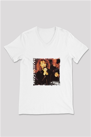 Mariah Carey Baskılı Beyaz V Yaka Unisex Tişört