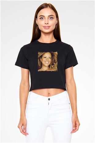 Mariah Carey Baskılı Crop Top Siyah Kadın Tişört