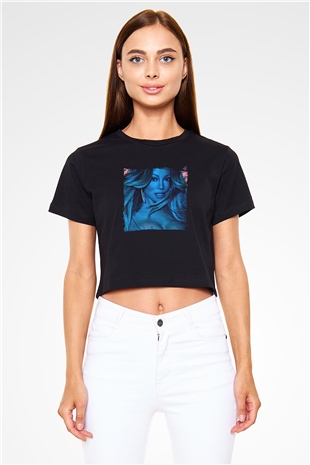 Mariah Carey Baskılı Crop Top Siyah Kadın Tişört