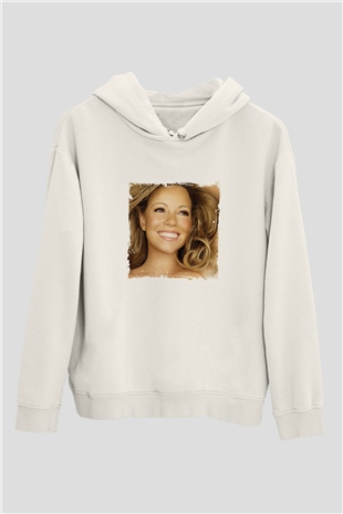 Mariah Carey Baskılı Unisex Beyaz Kapüşonlu Sweatshirt
