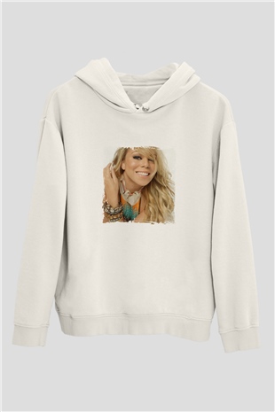 Mariah Carey Baskılı Unisex Beyaz Kapüşonlu Sweatshirt