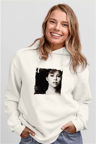 Mariah Carey Baskılı Unisex Beyaz Kapüşonlu Sweatshirt