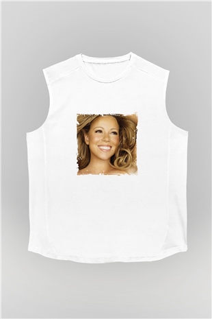 Mariah Carey Baskılı Unisex Beyaz Kolsuz Tişört