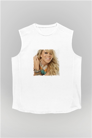 Mariah Carey Baskılı Unisex Beyaz Kolsuz Tişört