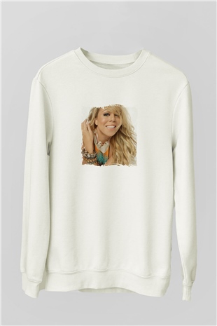 Mariah Carey Baskılı Unisex Beyaz Sweatshirt