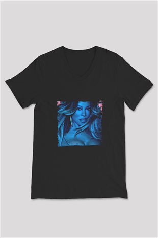 Mariah Carey Baskılı Unisex Siyah V Yaka Tişört
