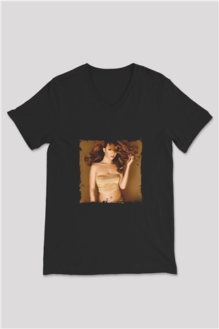 Mariah Carey Baskılı Unisex Siyah V Yaka Tişört