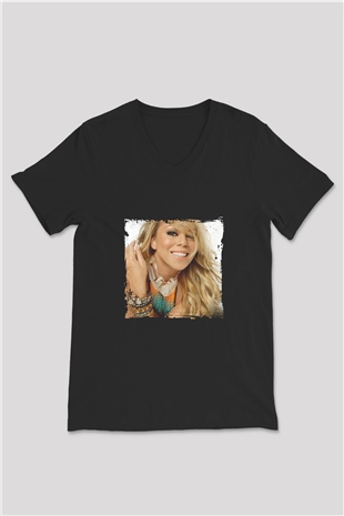 Mariah Carey Baskılı Unisex Siyah V Yaka Tişört