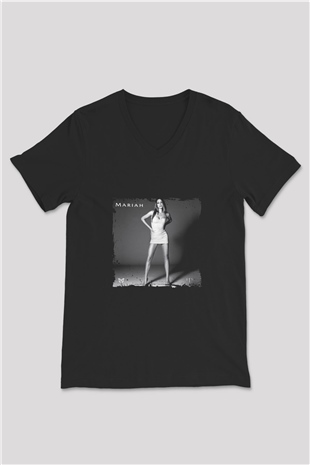 Mariah Carey Baskılı Unisex Siyah V Yaka Tişört