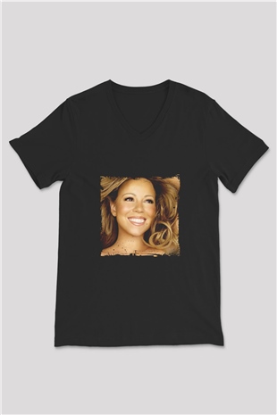 Mariah Carey Baskılı Unisex Siyah V Yaka Tişört