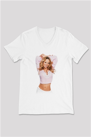 Mariah Carey Beyaz Unisex V Yaka Tişört T-Shirt