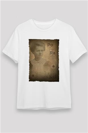 Marie Curie Baskılı Unisex Beyaz Tişört - Tshirt
