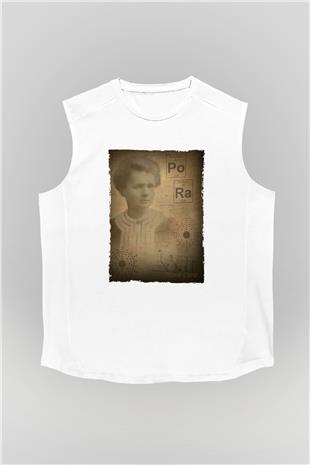 Marie Curie Baskılı Unisex Kolsuz Beyaz Tişört - Tshirt