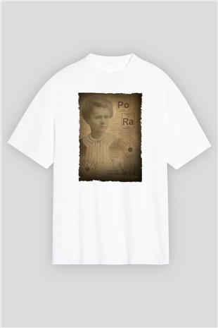 Marie Curie Baskılı Unisex Oversize Beyaz Tişört - Tshirt