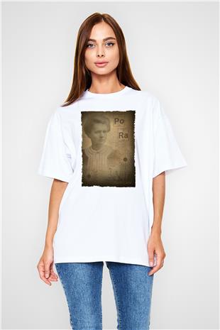 Marie Curie Baskılı Unisex Oversize Beyaz Tişört - Tshirt