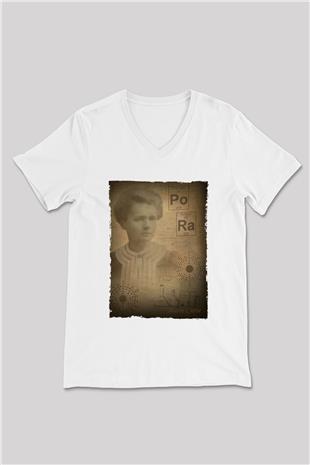 Marie Curie Baskılı Unisex V Yaka Beyaz Tişört - Tshirt