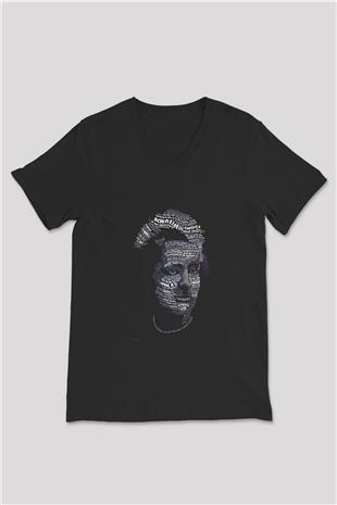 Marie Curie Tipografi Baskılı Unisex V Yaka Siyah Tİşört - Tshirt