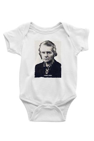 Marie Curie Yazılı Portre Baskılı Beyaz Bebek Body - Zıbın