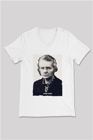 Marie Curie Yazılı Portre Baskılı Unisex V Yaka Beyaz Tişört - Tshirt