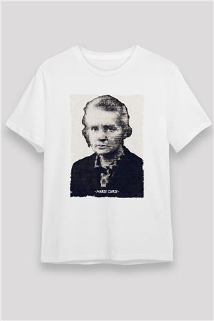 Marie Curie Yazılı Portre Baskılı Unisex Beyaz Tişört - Tshirt